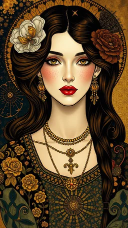 Stylized female portrait with gold accents Create a portrait of a woman inspired by the style of Gustav Klimt. Depict the figure with flowing hair and elegant clothing adorned with intricate, geometric patterns. Add gold accents to highlight certain areas, like jewelry or background details. Integrate symbolic elements such as flowers, spirals, or abstract shapes to create a sense of mystery and opulence.