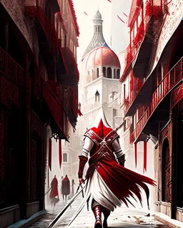 Assassin creed con dagas y espadas caminando por Venezia arte digital hiperdetallado detalles intrincados obra de arte rojo blanco 8k