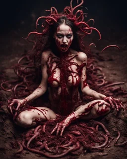 Petit weird woman with many worms from his body, sit pose, fullbody, splashes blood, behind guts rising from the ground, darkred tones, macro photography,