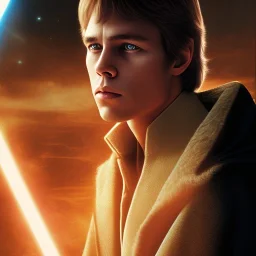 model shoot style, digital art portrait of (young Luke Skywalker) ((dressed in jedi tunic)), surrounded by 100 planets, ultra-detailed, ultra quality, illustration, eerie atmosphere, 8k, cinematic lighting