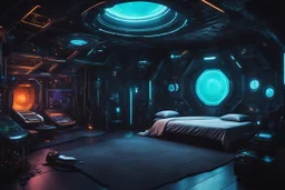 a dark and shady secluded chamber, a sanctuary of explorations. The room is adorned with an array of futuristic devices, each designed to awaken and satisfy the dreams of those who dare to enter. surrounded by an assortment of probes, arms, extensions, pinacles, and slime. a large bed in the center, with pillows and soft sheets in cotton