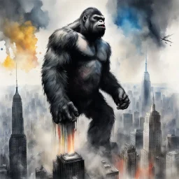 loose brush stroke Watercolor and ink illustration, Epic, long shot perspective of King Kong atop the Empire State Building in 1930's New York City, art by luis royo and greg mumford, trending on artstation, perfect composition, graffiti art splash art, colorful polychromatic, complex contrast, ultra quality, CGSociety, 3d shading