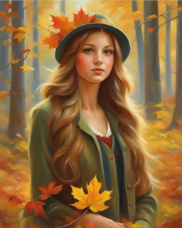 A young girl with long hair and autumn clothes in the autumn forest, beautiful portrait painting, by Vladimir volegov