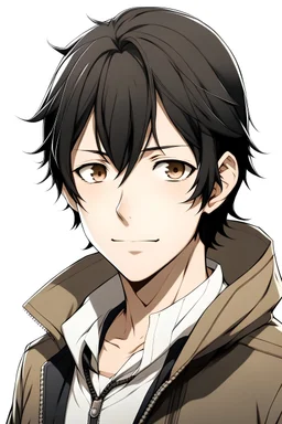 anime male with black hair and white eyes and brown jacket