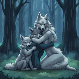 fantasy anime art from an gray bodyhair wolf female anthropomorphic wolf female hibrid kneeling hugs her two anthropomorphic wolf-kid hibrid child on field, in background tall trees wirh big trunks, rain, down on blue-green moss, hug each other , rainy day, high contrast, high detalied, atmospheric, fantasy, sci-fi mood