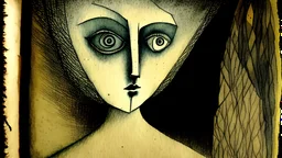 hand painted aquatint book drawing of a hauntingly grandiose girl in the mix style of Paul Klee Remedios Varo Dušan Marek Gabriel Pacheco perfect details