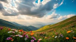 beautiful Green hills covered with flowers colorfull ,blue sky heavy clouds with godray ,very nice flowers at closeup ,wonderfull mountains at distance