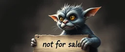 air brush 3d with pen outline, mongrel goblin gremlin looking at sign with big cute cat monster saying "Cats are not for sale" with blurred shadow outline, charcoal fog border