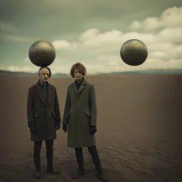 Polaroid portrait of a ball-headed couple in a peaceful wasteland, 8k, 3d