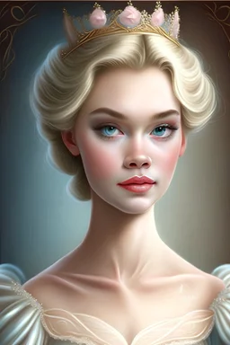 Princess Cinderella, with a very beautiful and symmetrical face, wears nude makeup and wears a charming, long and beautiful dress