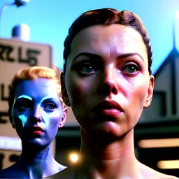 Ultra Realistic retro sci-fi movie Supermarket parking people scene, 1960 year, waist up view portrait, 1 blonde women and 1 octopus alien, sweet scarlet Johansson face, perfect iris, glow eyes, face makeup, tight latex coat. many people looking, Retro sci-fi style, soft color, highly detailed, unreal engine 5, ray tracing, RTX, lumen lighting, ultra detail, volumetric lighting, 3d, finely drawn, high definition, high resolution.