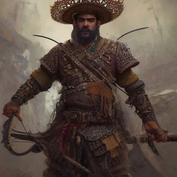 Insanely detailed photograph of an “ a mustachioed Spanish warrior ” with detailed Sombrero, intricate charo,cigar,crossbow in hand, hyperdetailed painting by Ismail Inceoglu Huang Guangjian and Dan Witz CGSociety ZBrush Central fantasy art album cover art,8K, hdr, mysterious, flickeringlights ,Stoic