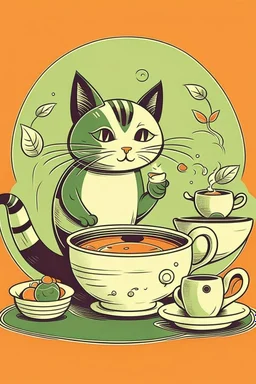 Cat brewing tea cute retro