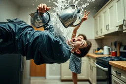 A surreal, action-packed kitchen scene frozen in time. A young man bends completely backward in an impossible pose, his face upside-down and wide-eyed in shock as a metal kettle full of water explodes mid-air above him, splashing in dynamic arcs of water droplets. The scene is captured in extreme slow motion with hyper-realistic liquid physics. Behind him, a woman in the kitchen appears to have thrown or accidentally launched the kettle, her hand still extended forward as if using telekinetic po