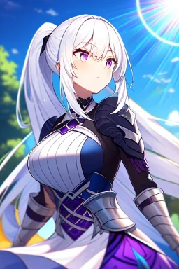 girl, masterpiece, best quality, cinematic lighting, detailed outfit, vibrant colors, perfect eyes, white hair, purple eyes, long hair, ponytail, armored dress, looking down, angry, outdoors, sun, lens flare,