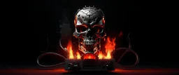 4K. REALISTIC FULL DETAILS. LOGO EMISSION DE RADIO HARDROCK FIRESTARTER TERMINATOR. FLAMMES EN FOND D IMAGE ET STUDIO DE RADIO QUI BRULE.