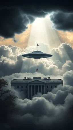 A ufo hovering above the White house hovering above swirling clouds, emerges from the heart of a raging storm. Turbulent winds of steam swirl around the iconic structure, lit by shafts of sunlight that cast dramatic shadows on the A large UFO spacecraft hovering over the pentagon building surrounding clouds. A storm rages and thunder lights up the dark sky,