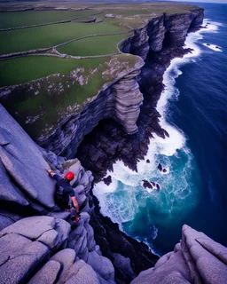 from the point of view of a rock climber, look down at the ocean rocks below as you climb high into the bluffs of ireland. holding on to the cliff face, the ocean below storms and swirls around a giant whirlpool, a great pit in the ocean