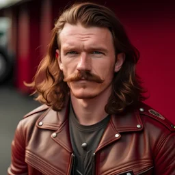 Biker in brown leather jacket, red t-shirt, with red mustache, red long hair, freckles and grey eyes