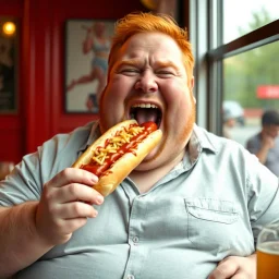happy fat man with red hair eating a big hot dog, realistic photo, big mouth open, "Karlsson på taket" vibes