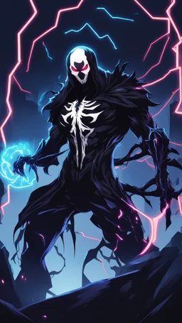 Mix between venom symbiote and Reaper in solo leveling shadow style with neon glowing blue