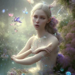 high-quality, fine-detail beautiful, stunning fairy sitting beside a clear, reflective lake, flowers, butterflies, small globes of iridescent light, tranquil, gorgeous, 8k resolution, 3D octane render, intricate, sharp, crisp, digital art, detailed matte, volumetric lighting, George Grie, Anne Dittman, Anne Stokes, Lisa Parker, Selina French, Raphael Augusto,