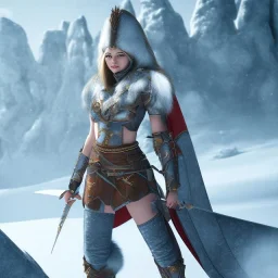 Medieval warrior girl, wearing futuristic armor, snow mountain background, snow, fur cloak