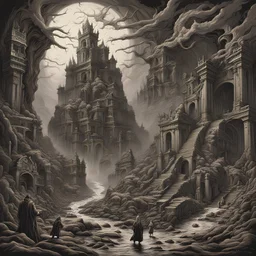 Generate a visually striking artwork that depicts ominous domains of forbidden places drawing inspiration from dark mythology and biblical references. Incorporate elements of chaos, destruction, and a foreboding atmosphere
