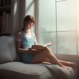 Study girl read a book in by the window, movie, real photo realistic, unreal engine, cinematic lighting --ar 1:1 creative