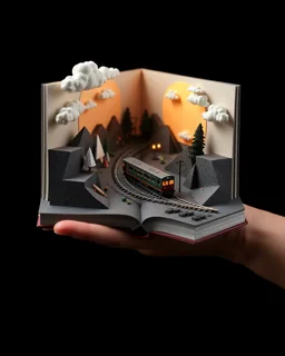 3d, surreal art, minimalism, in a turn on a black background in a huge outstretched hand a pages middle book in which there comes out mini train, railway microworld,3d surreal art work