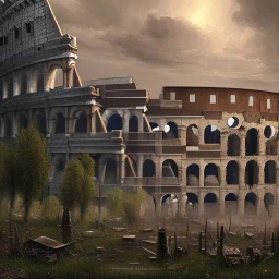 Intricately detailed view of a post-apocalyptic decaying Roman Colloseum, digital art, dark fantasy style, hyperdetailed, complementary colors