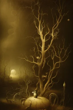 A daguerreotype-style close-up image of a surreal background inspired by Hieronymus Bosch and Max Ernst, featuring twisted organic forms, decaying botanical elements, and strange vegetal growths that seem to pulse with unnatural life. The entire scene is bathed in soft, ambient lighting that creates an otherworldly atmosphere, with areas of deep shadow contrasting against the pale, spectral glow of the figures.