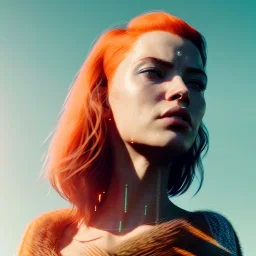 A beautiful portrait of a cyberpunk woman with lot's of grain on her skin red head with hair flying in the wind cyborg smiling facing camera orange color scheme, high key lighting, volumetric light high details with white stripes and feathers unreal 5, octane render, cinema4d, dynamic lighting, dramatic lighting, 4k, redshift render, highly detailed, hyper realistic