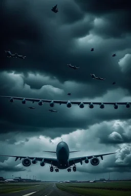 Look up in the The cloudy stormy sky above filled with a lot of black Boeing B-52 Stratofortress