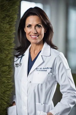 portrait of a kindly faced 40 year old female doctor with dark hair and a smiling expression