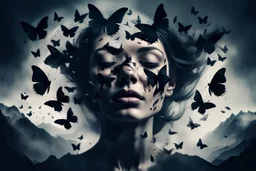 Double exposure image, facing the camera close up a closed eyes fade face woman portrait with shattered, cracked head out many black butterflies explosed in front of forehead and flying around and swirl, high mountains silouttes, pale moon, deep fade colors, soft lines, surreal mood, nightmare, melting painted, dramatic shadows, dark mood , fog, dark fantasy, dreamlike atmosphere, crepy stunning.