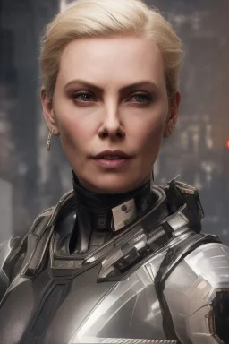 portrait full, robot scifi with face charlize theron, cyberpunk city, intricate, many lights in body, eyes lights, highly detailed, highli quality, 8k, volumetric lighting