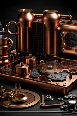 Please produce a photo of a detail of an electrical device inspired by copper, which is a new photo and for the cover of a poster, please be kitchen electrical appliances. The number of items should be less