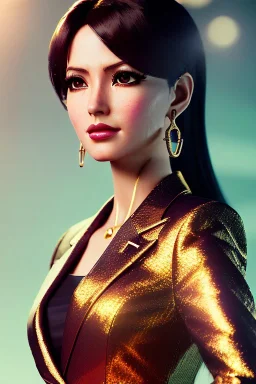 Anime business woman, dark brown hair, elegant hair, blue eyes, gold hoop earrings, waist up portrait, 8k resolution, intricate details, ornate details, soft lighting, vibrant colors, retroanime, masterpiece, intricate eyeliner, dark eyeshadow, eyes,futuristic cityscape background
