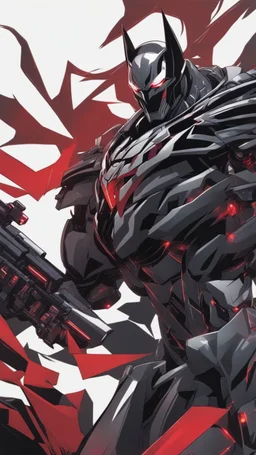 A close picture to Mix between transformers and batman and symbiote venom in solo leveling shadow art style with red details detailsis in fantasy world