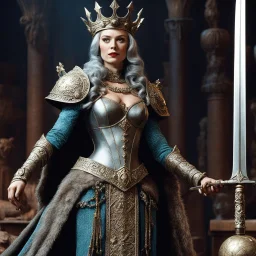 [bloody high res photo by Ray Harryhausen] she is a medieval queen holding her splendid sword and a globe: the sign of her power. High level of detail, he flesh is soft