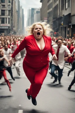 an obese terrified blonde woman in a red pant suit desperately running away from an angry mob of thousands of people chasing her down a city street