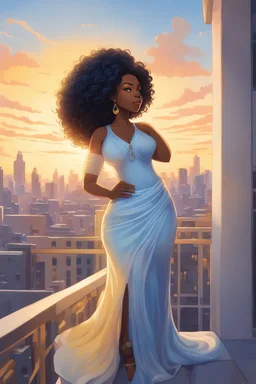 The scene opens onto a serene balcony overlooking a bustling city skyline. The sky above is painted in soft hues of blue and yellow as the sun begins its descent, casting a warm glow over everything it touches. In the foreground stands a captivating figure, airbrush chibi cartoon curvy black woman exuding confidence and elegance. She is adorned in a flowing white knit maxi dress that hugs her curves in all the right places, accentuating her silhouette. Her choice of footwear is equally stunning