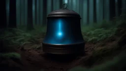 bell shaped object with a smooth shiny metallic surface without a pattern turned over on its side buried and smoking in the middle of the forest after dark glowing blue