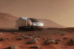 A Tesla 'Semi' (semi truck) is going at a high speed, at the Cydonia region on Mars. (CINEMATIC, WIDE ANGLE LENS, PHOTO REAL)