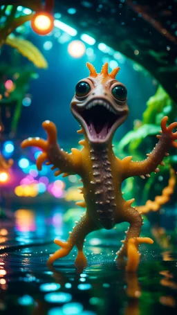 selfie by pimp rocker alien sea horse gremlin diving in water slide in the middle of crazy dance moves dancing in dark lit reflective wet jungle hall tunnel,bokeh like f/0.8, tilt-shift lens 8k, high detail, smooth render, down-light, unreal engine, prize winning