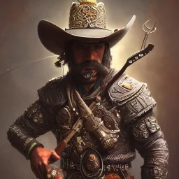 Insanely detailed photograph of an “ a mustachioed cowboy warrior ” with detailed Sombrero, intricate charo,cigar,crossbow in hand, hyperdetailed painting by Ismail Inceoglu Huang Guangjian and Dan Witz CGSociety ZBrush Central fantasy art album cover art,8K, hdr, mysterious, flickeringlights ,Stoic