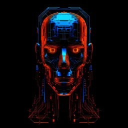 a robot like face, glitch effect, orange and blue glich, stylish, black background, glow