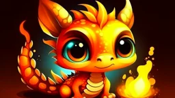 cartoon illustration: a cute little fire dragon with big shiny eyes. The dragon has big wings.