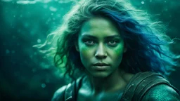 Create an image from the following prompt in an aspect ratio of <9:16> {Portrait} Photoreal gorgeous thrity year old green-blue triton ranger woman with green-blue scaled green-blue skin floating in the deep ocean realm by lee jeffries, otherworldly creature, in the style of fantasy movies, photorealistic, bokeh masterpiece smooth shading, ultra detailed, high resolution, cinematic, unreal 6, subtle shadows, octane render, 8k, cinema 4d, HDR, dust effect, vivid colors. (--ar 9:16, - -) Portra